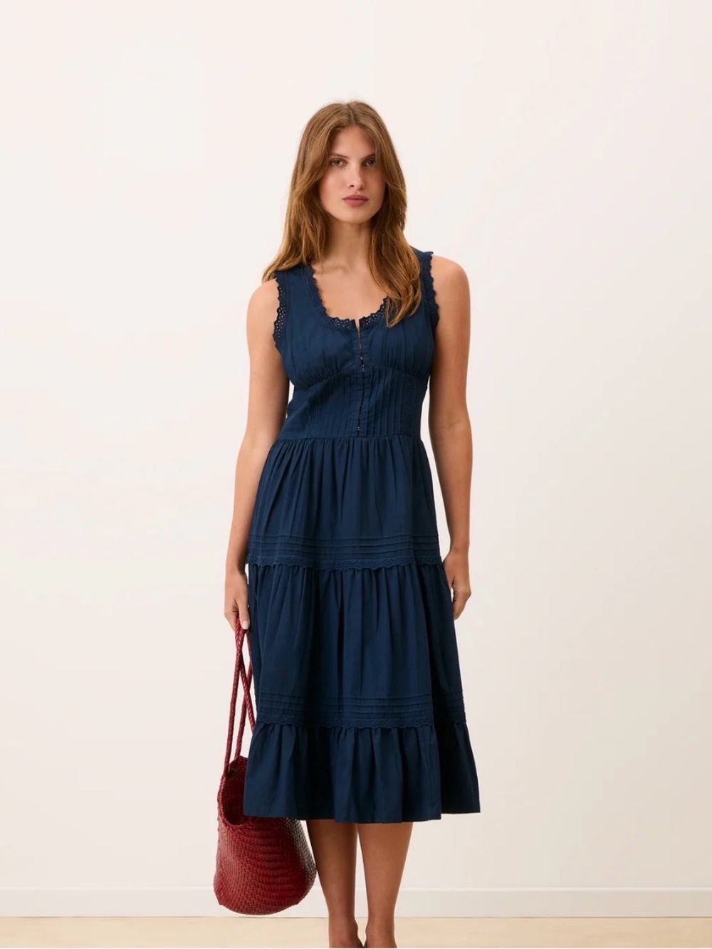 Round ROSELENE Dress, Navy Blue, Organic Cotton, Tiered Midi Dress